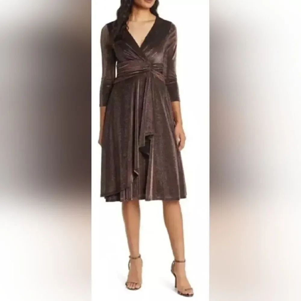 Eliza J Brown Metallic Long Sleeve Faux Wrap Cocktail Dress NWT size 6